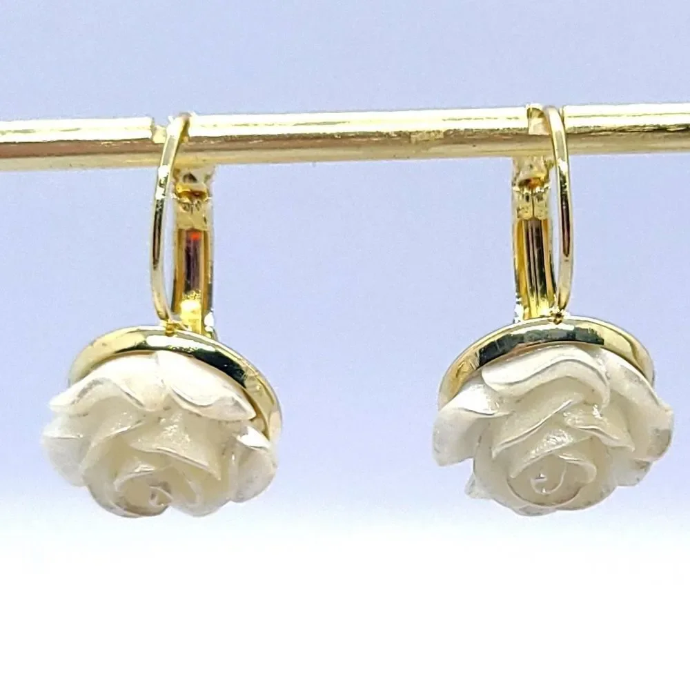 Ivory Camellia Rose Flower Earrings Gold Leverback Bridal Wedding Romantic Glam